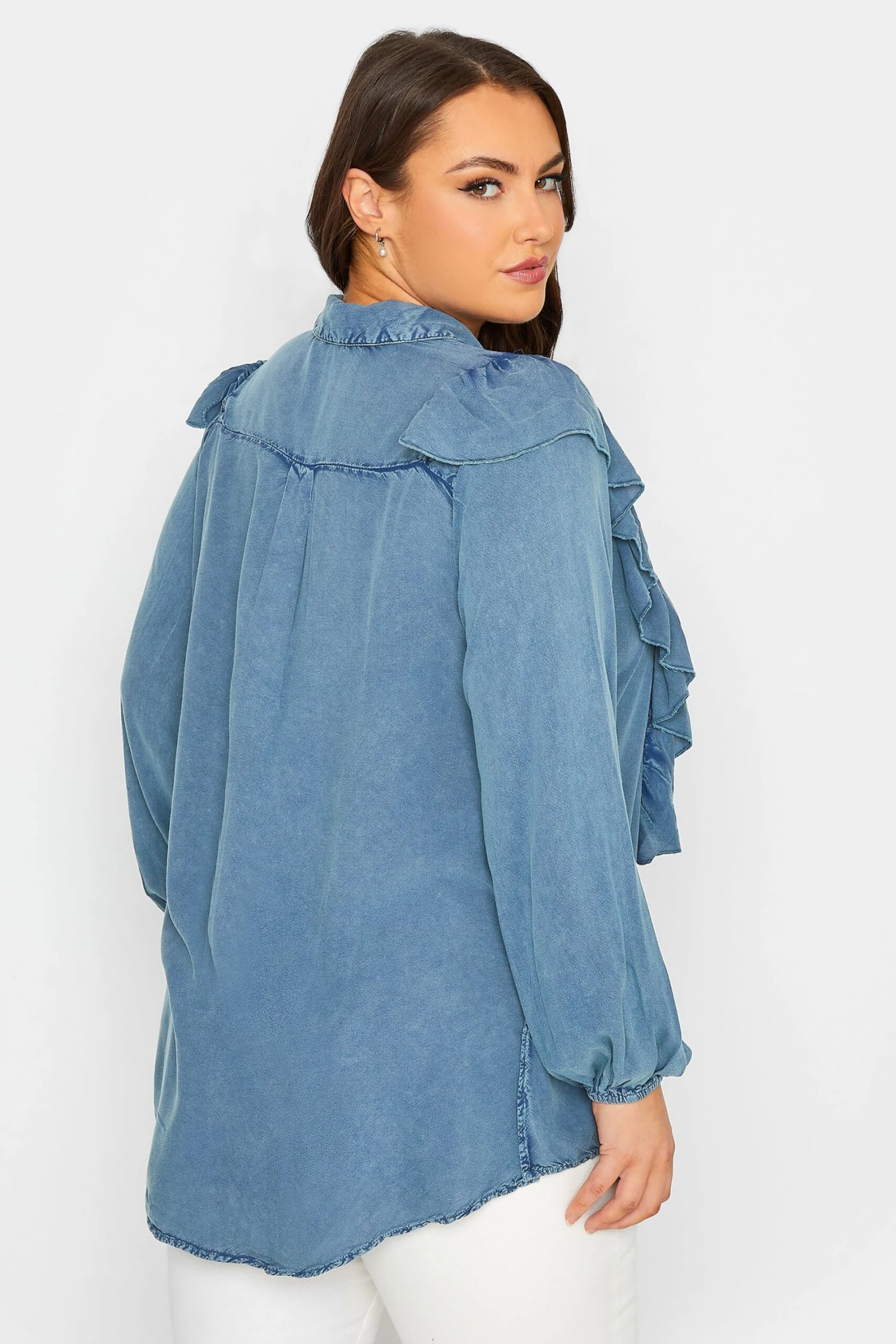LIMITED COLLECTION Curve Blue Frill Chambray Shirt - Image 2