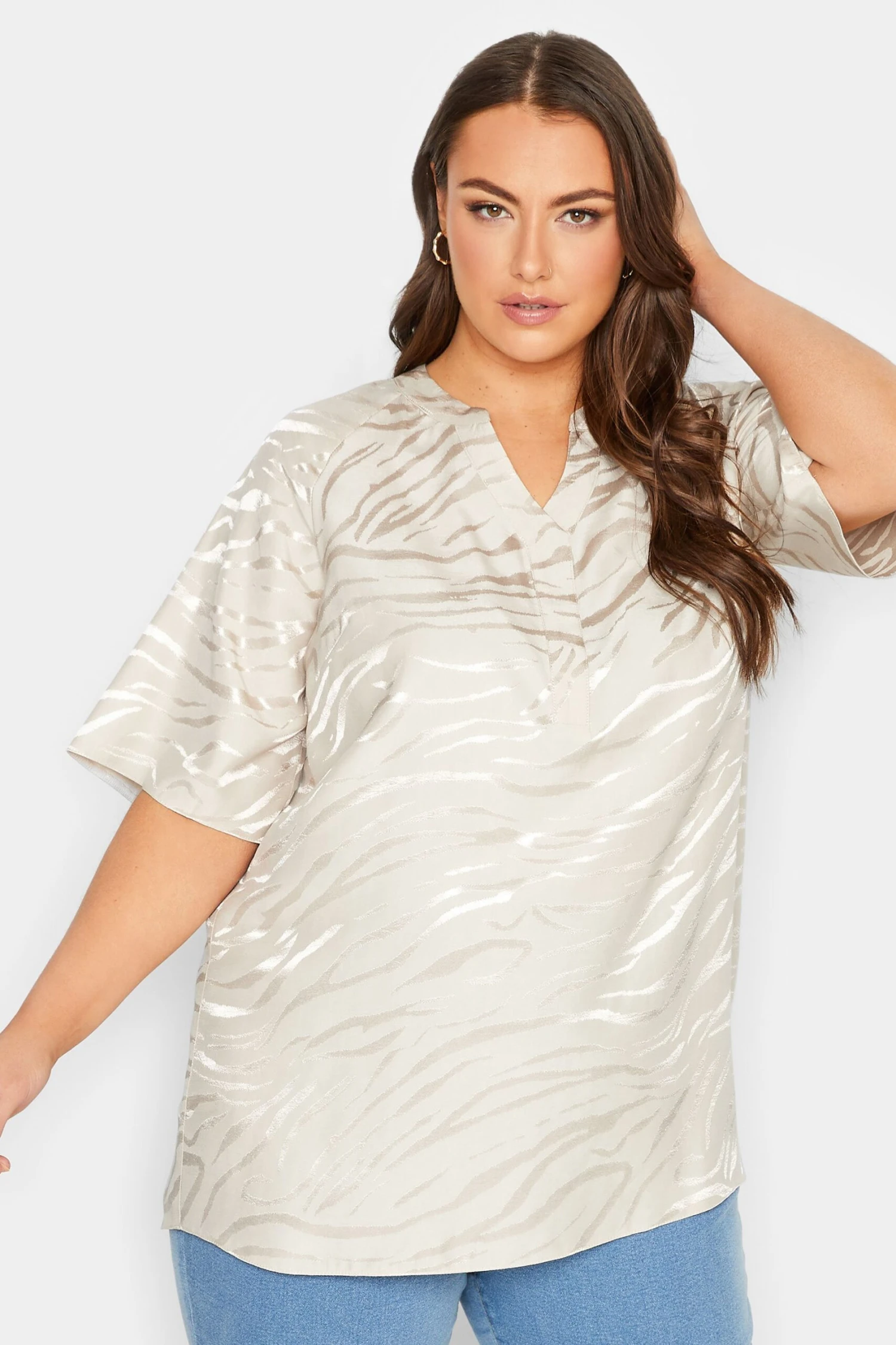 YOURS Curve Cream Animal Print Satin V-Neck Blouse - Image 6