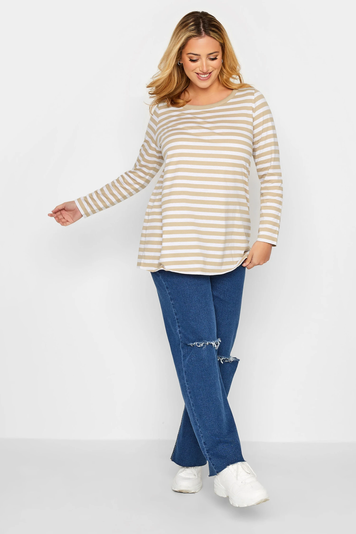 YOURS Curve Beige Brown Stripe Long Sleeve T-Shirt