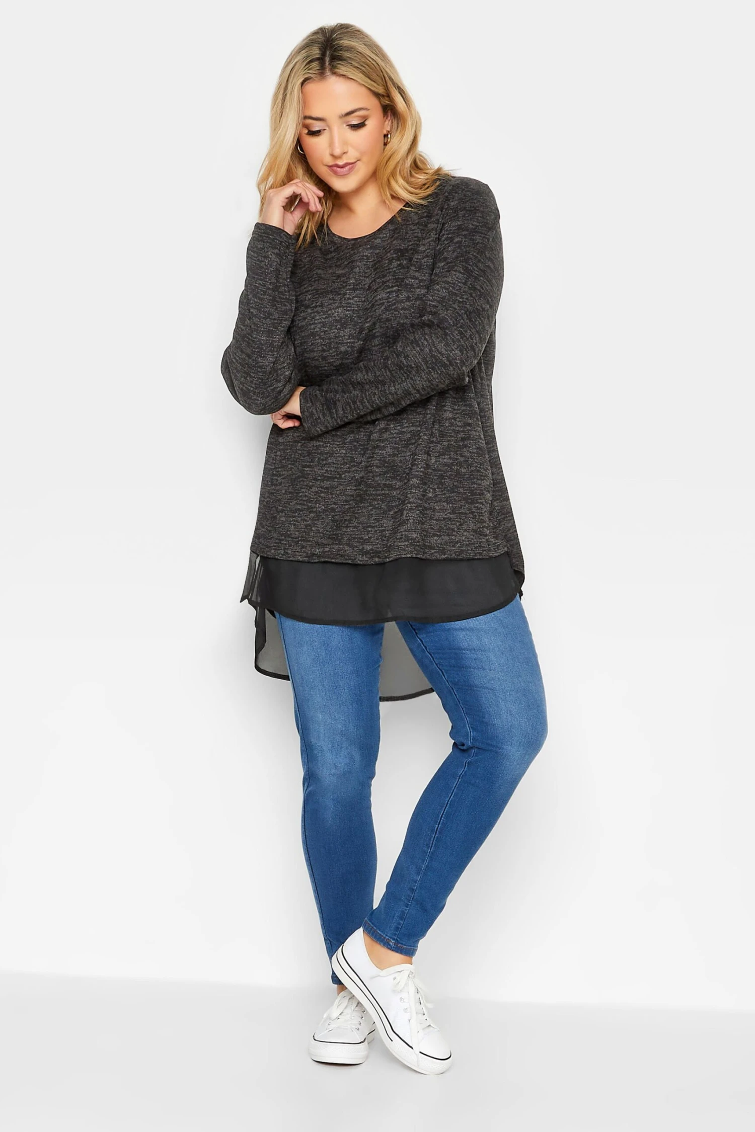 YOURS Curve Grey Mesh Hem Soft Touch Top