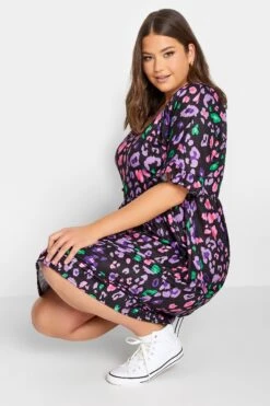 YOURS Curve Black Animal Print Smock Midi Dress