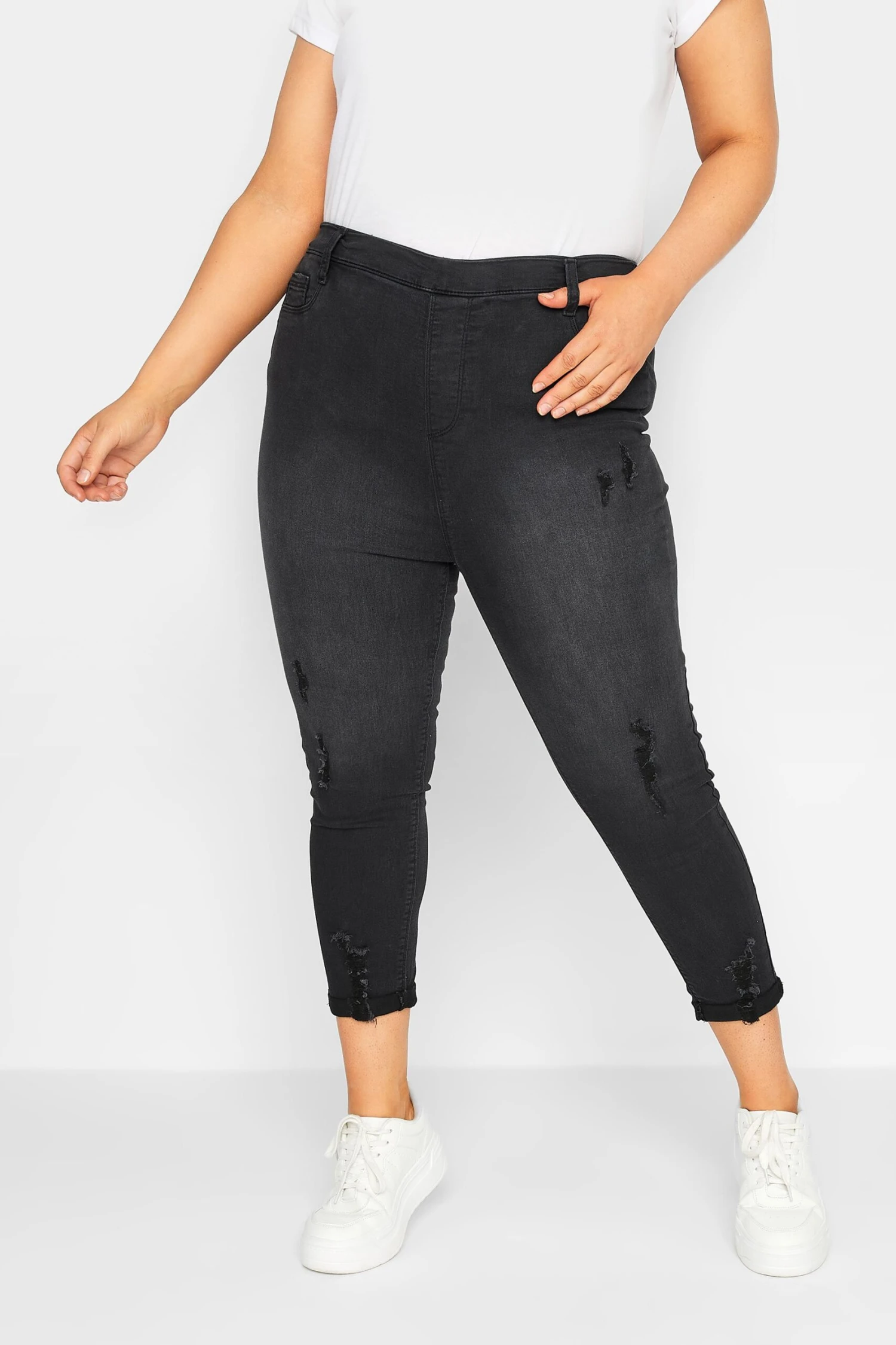 YOURS Curve Washed Black Cropped Stretch Ripped GRACE Jeggings - Image 5