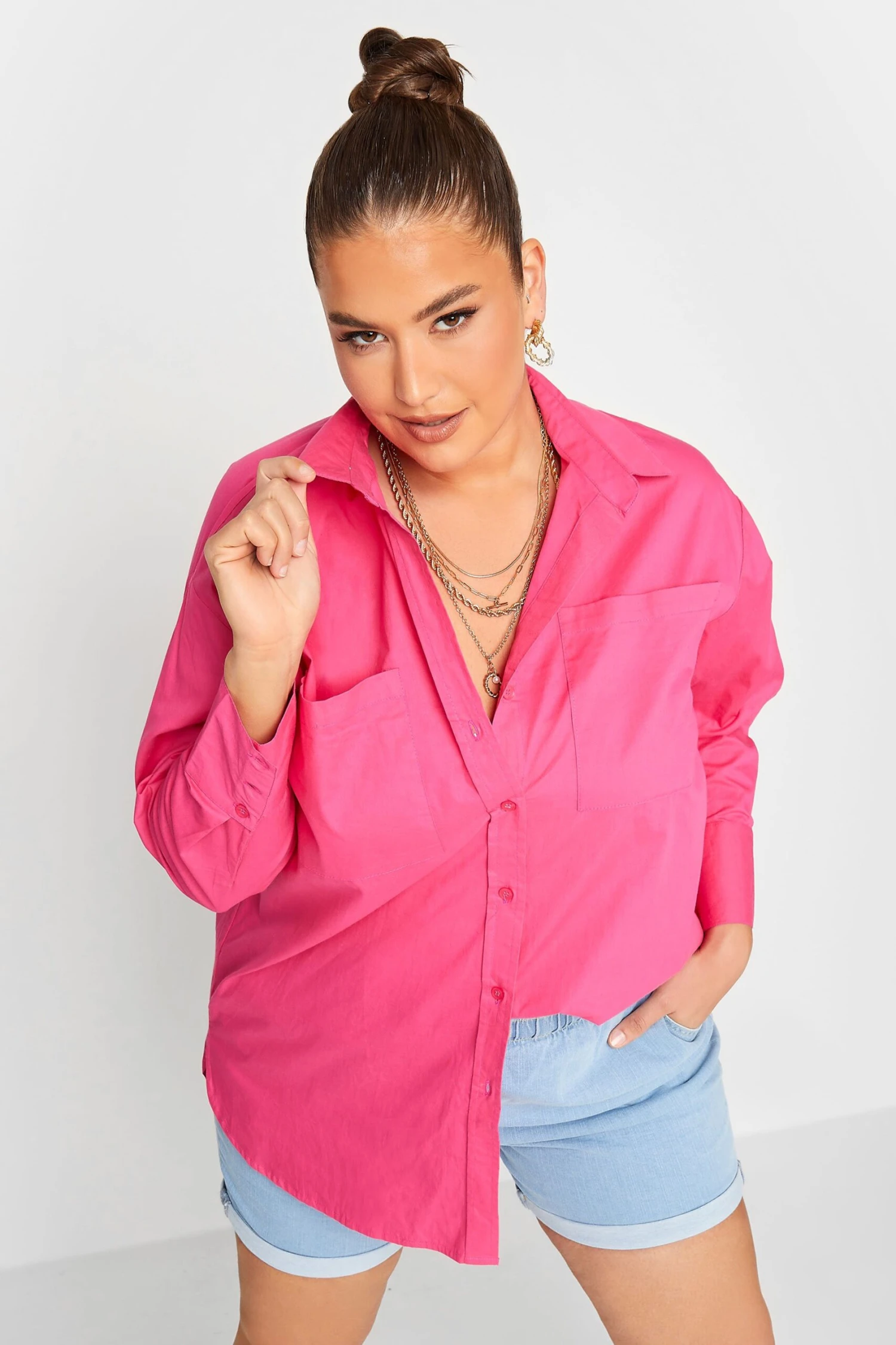 LIMITED COLLECTION Curve Hot Pink Oversized Boyfriend Shirt - Image 3