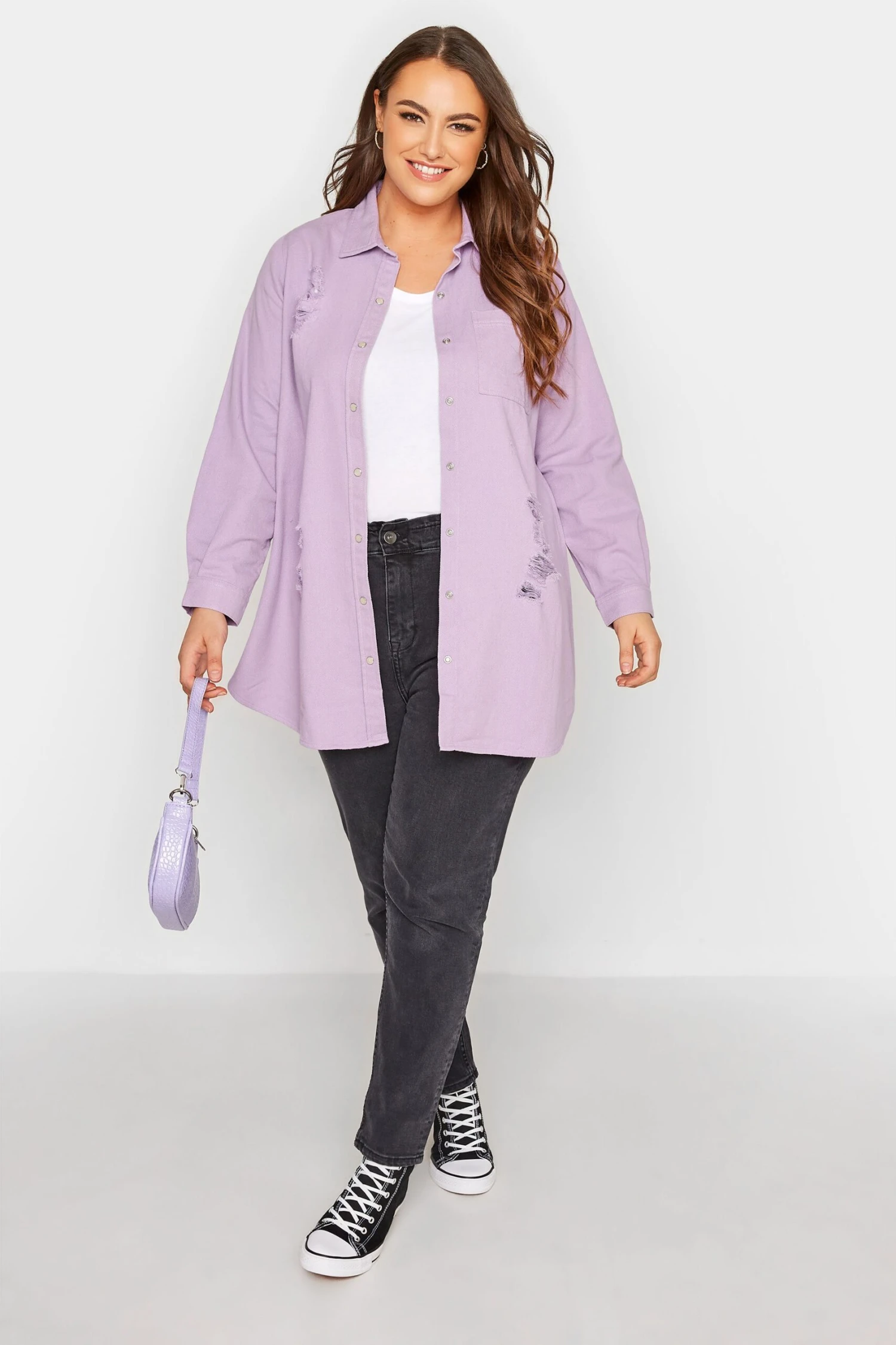 YOURS Curve Lilac Purple Distressed Denim Shirt