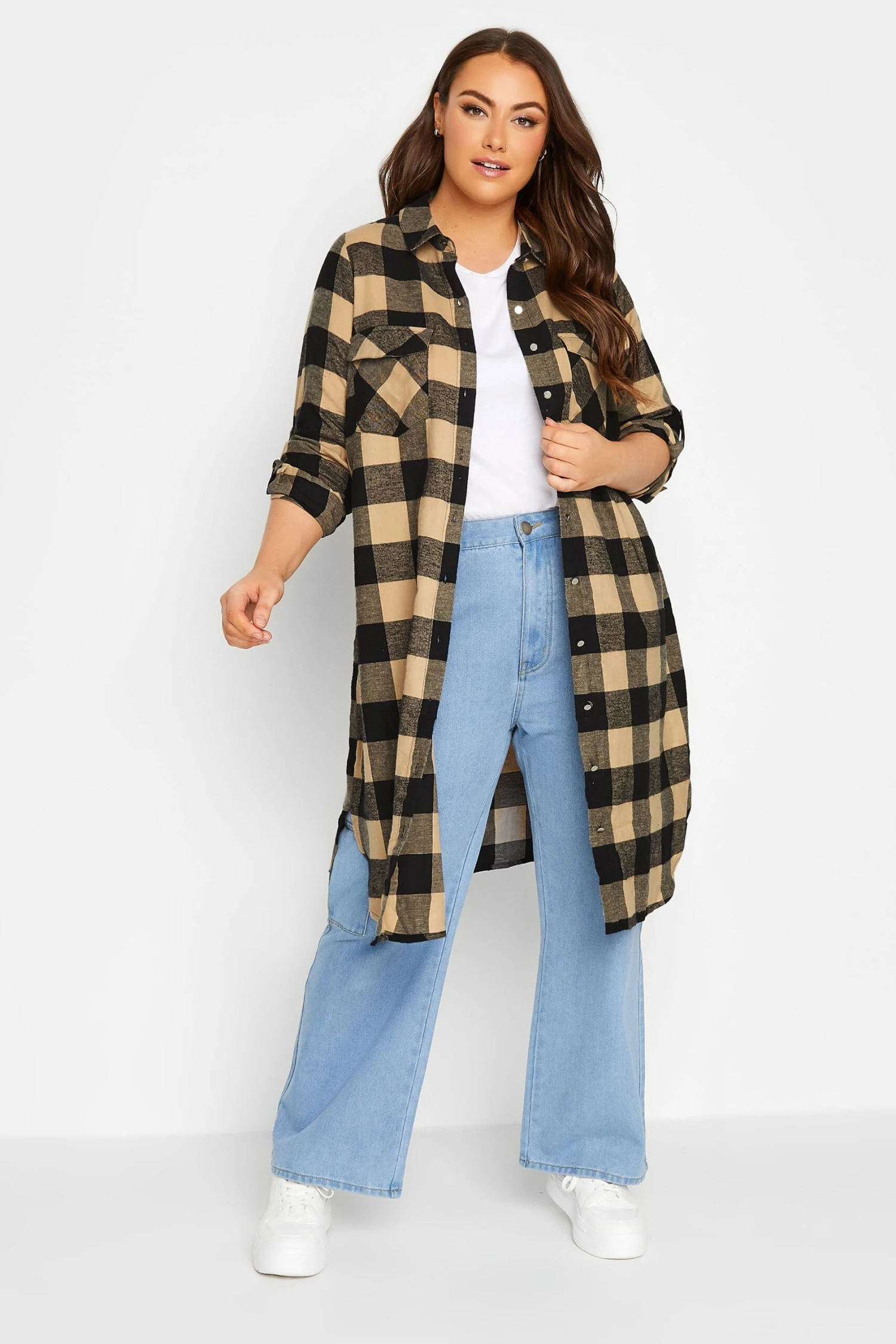 YOURS Curve Beige Brown Check Maxi Shirt