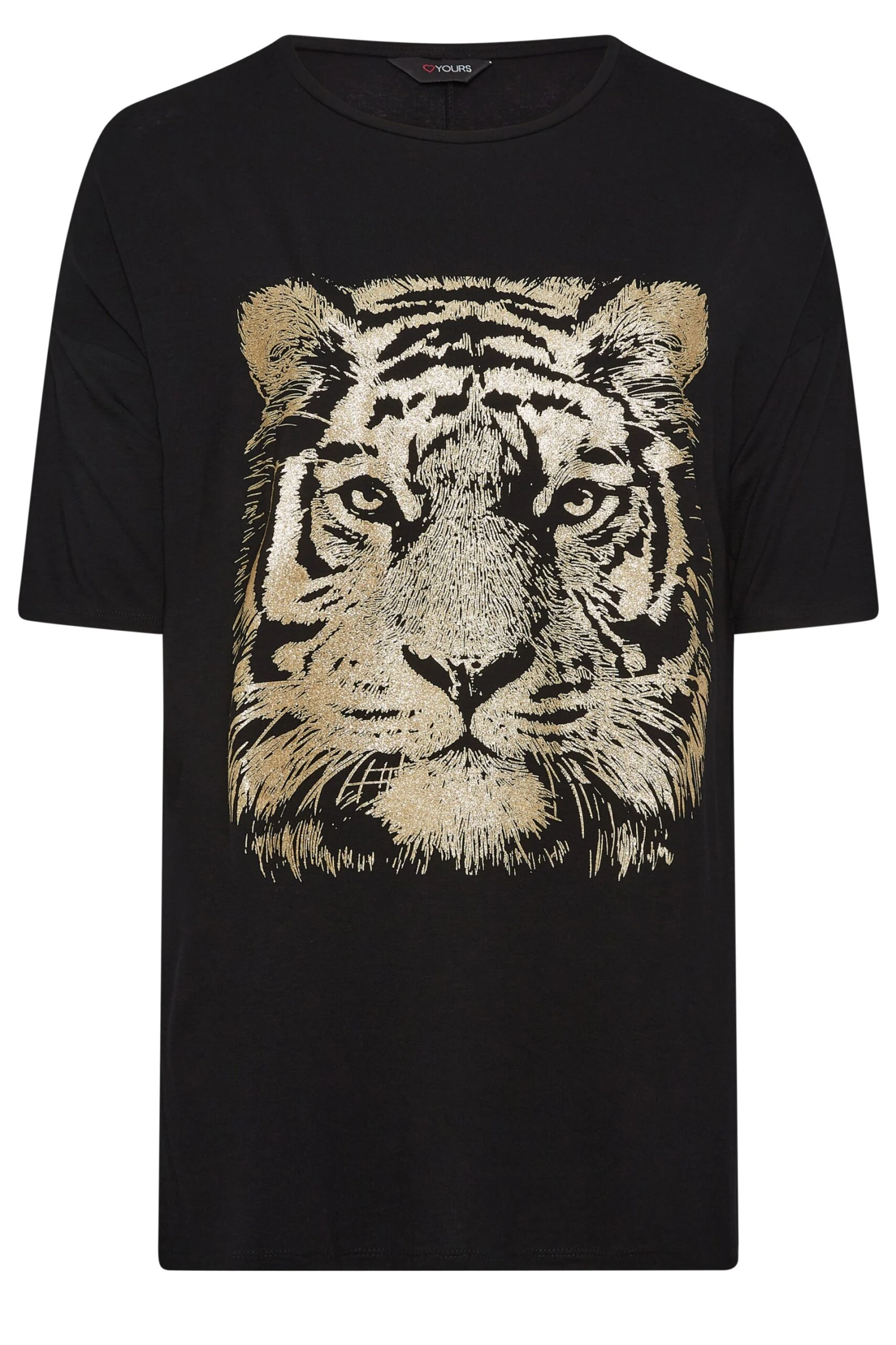 YOURS Curve Black & Gold Glitter Tiger Print Split Hem T-Shirt - Image 5