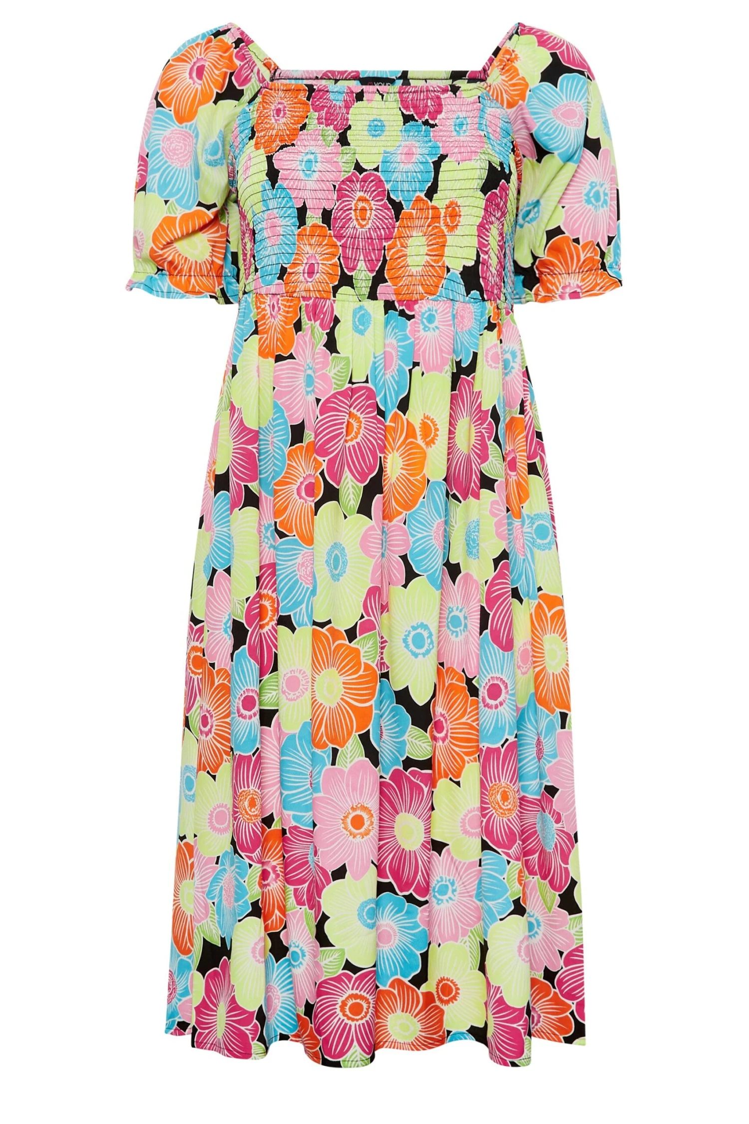 YOURS Curve Pink & Blue Floral Print Shirred Midi Dress - Image 6