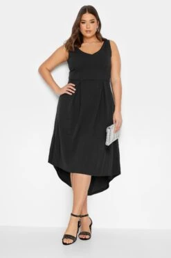 YOURS LONDON Curve Black High Low Pleated Midi Dress