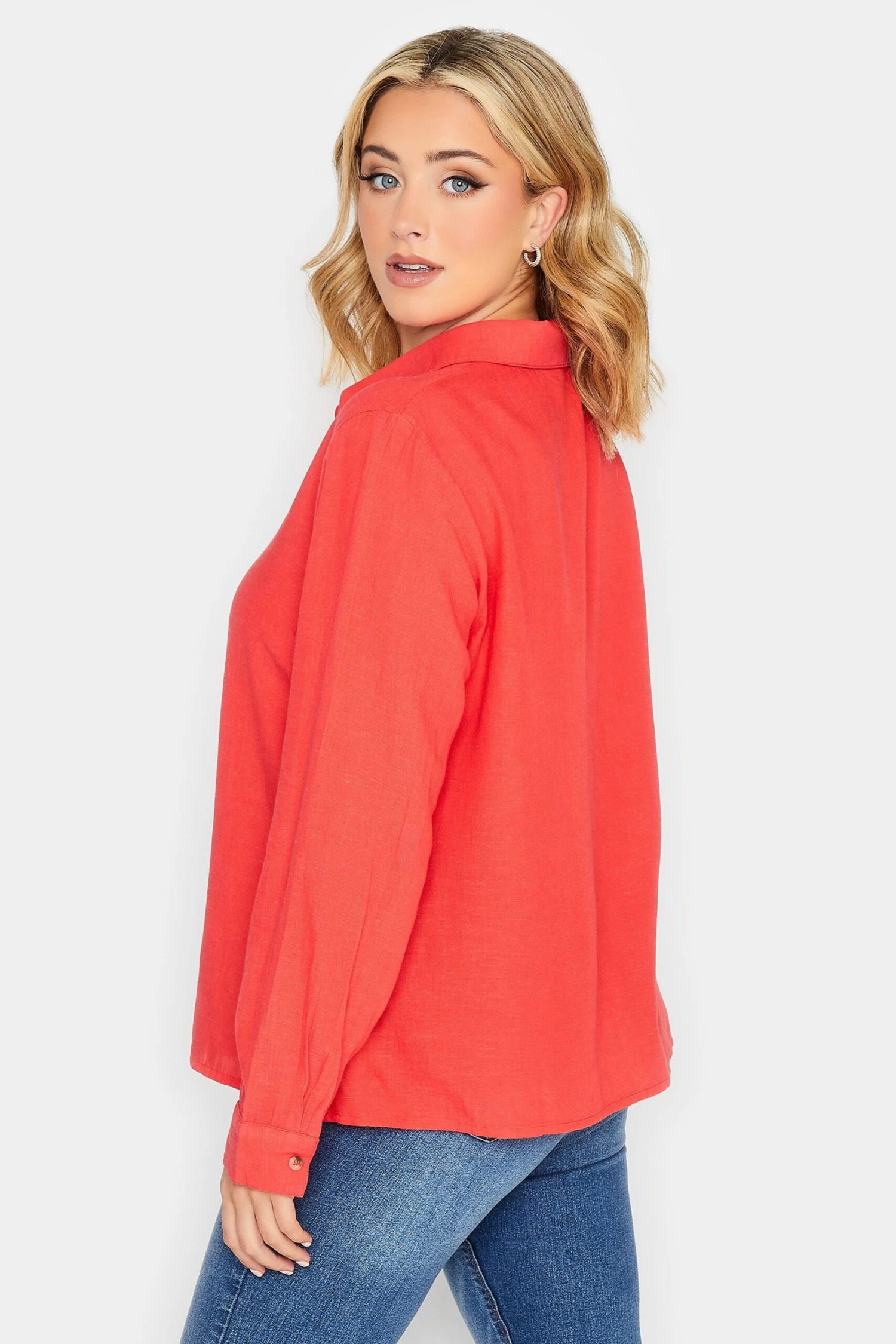YOURS PETITE Curve Coral Orange Linen Blend Shirt - Image 2