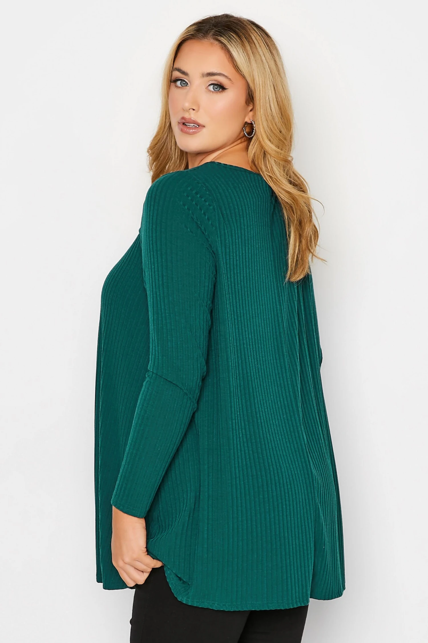 YOURS Curve Forest Green Ribbed Cut Out Long Sleeve Top - Image 2
