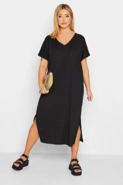 YOURS Curve Black Side Split Midaxi T-Shirt Dress