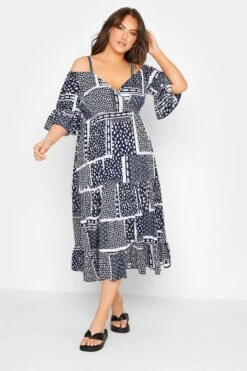 LIMITED COLLECTION Curve Navy Blue Patchwork Print Cold Shoulder Dress