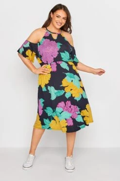 YOURS Curve Black Floral Cold Shoulder Dress