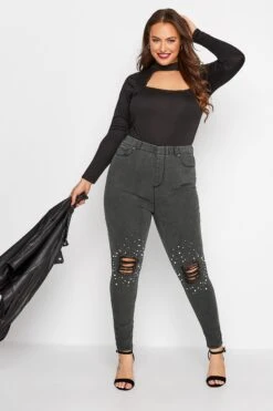YOURS Curve Black Embellished Knee Stretch GRACE Jeggings
