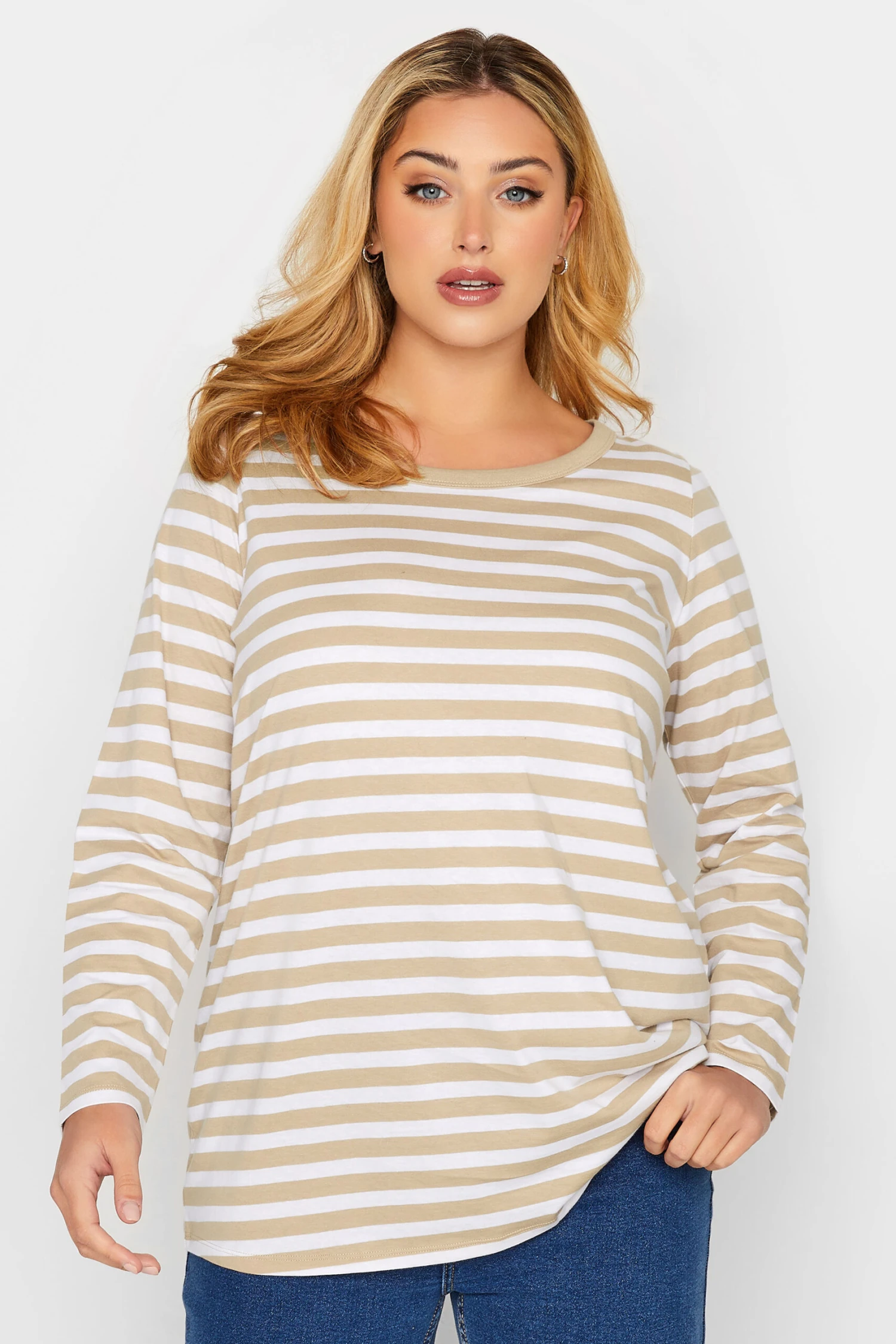 YOURS Curve Beige Brown Stripe Long Sleeve T-Shirt - Image 6