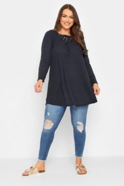 YOURS Curve Navy Blue Ribbed Lace Up Swing Top