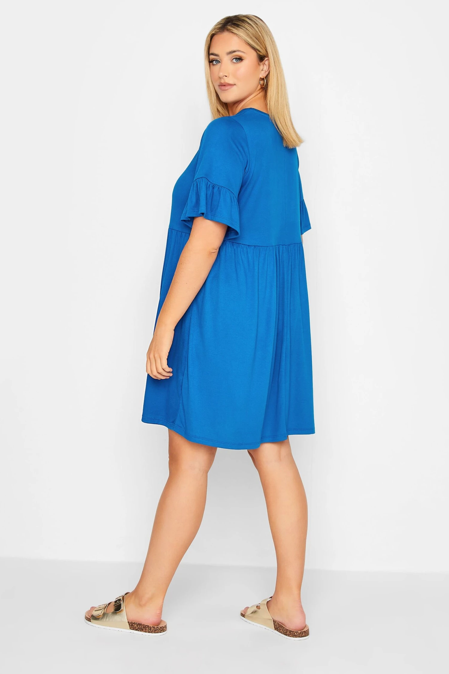 YOURS Curve Cobalt Blue Frill Sleeve Smock Dress - Image 2