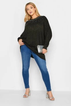 YOURS LUXURY Curve Charcoal Grey Sequin Embellished Ribbed Long Sleeve Top