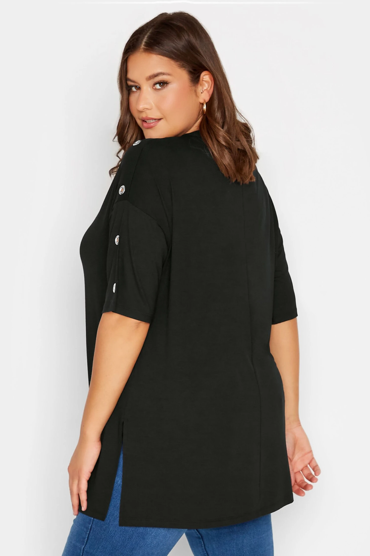 YOURS Curve Black Eyelet Detail Oversized T-Shirt - Image 2