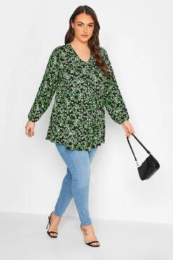 YOURS Curve Green & Black Floral Print Balloon Sleeve Pleat Top