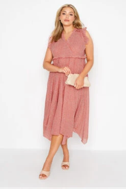 YOURS Curve Coral Pink Polka Dot Print Hanky Hem Dress