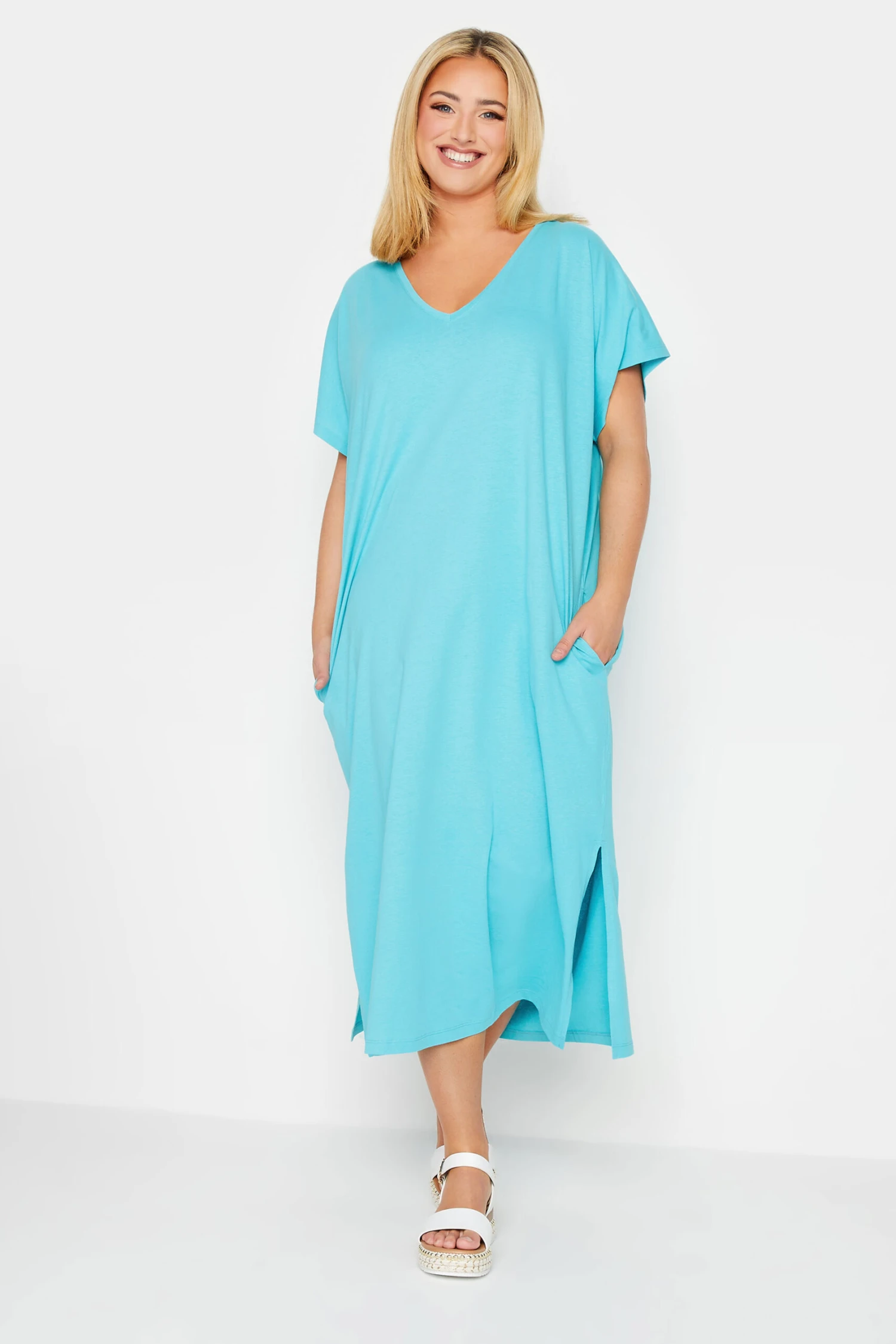 YOURS Curve Blue Side Split Midaxi T-Shirt Dress